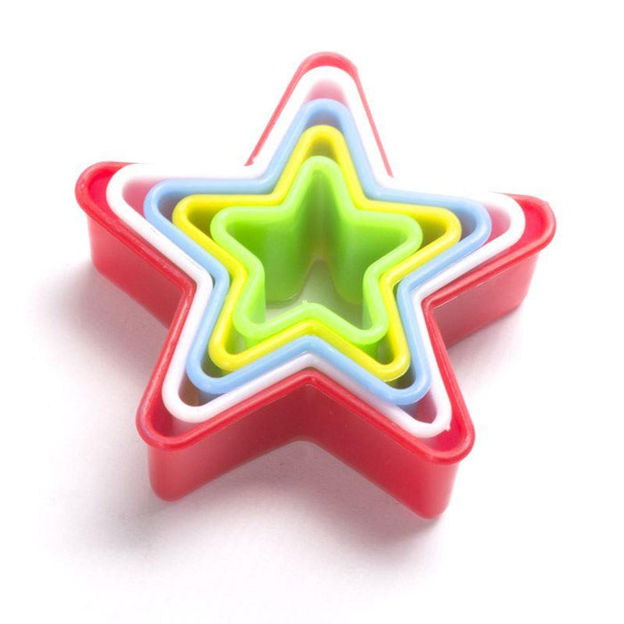Set of colorful star-shaped cookie cutters on a white background