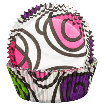 Colorful cupcake liners with swirl pattern on a white background