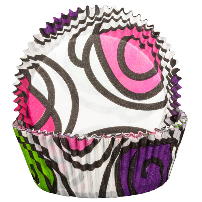 Colorful cupcake liners with swirl pattern on a white background