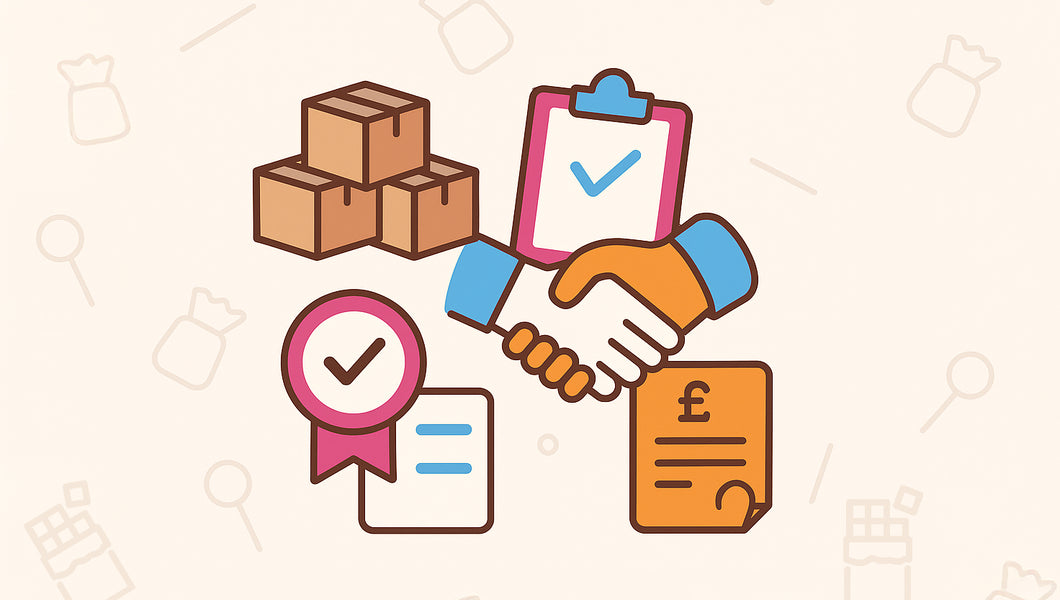Illustration of a handshake, boxes, and checkmarks on a beige background. Represent open a trade account with Yolli