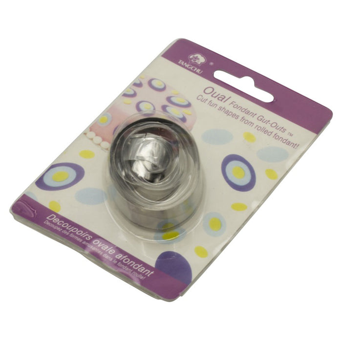 Oval fondant cutter in packaging featuring colorful circles on a white background