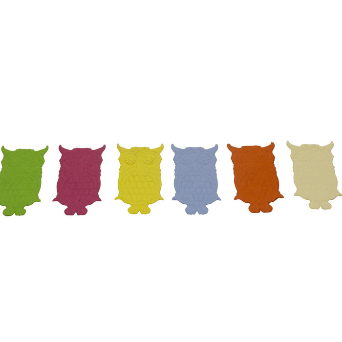 Colourful owl-shaped cake toppers on a white background