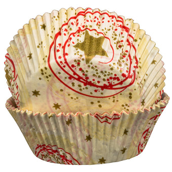 Stack of cupcake liners with star and circular design on a white background