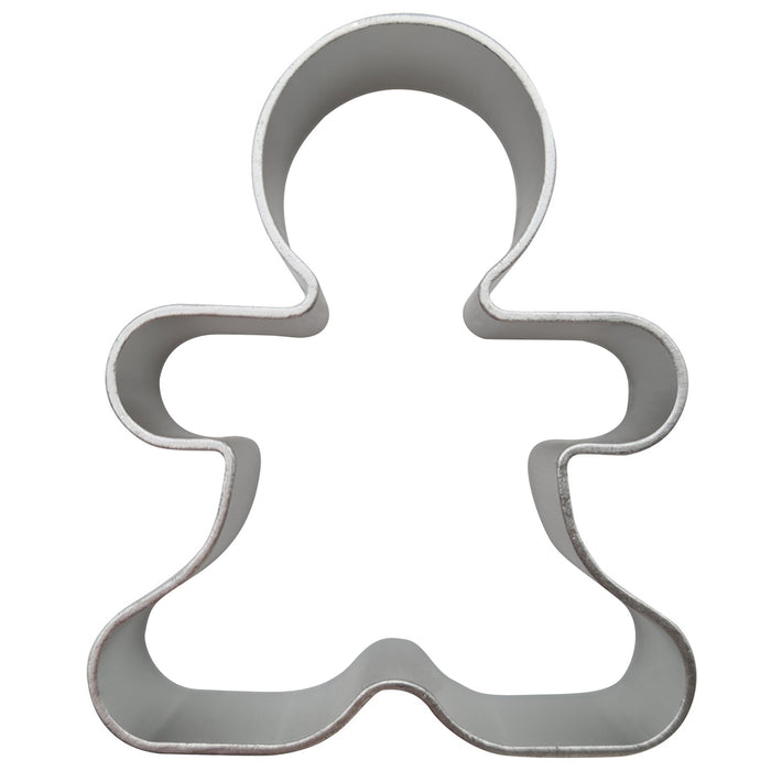 Gingerbread man shaped cookie cutter on a white background