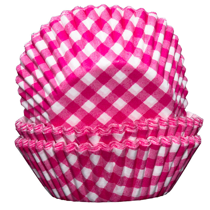 Pink and white checkered cupcake liners on a white background