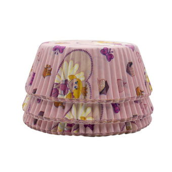 Pink cupcake cases with fairy and butterfly design on a white background