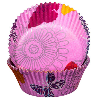 Floral patterned cupcake liners on a white background