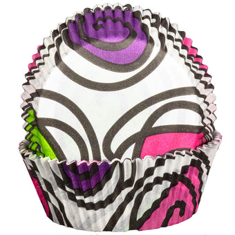 Colorful cupcake liners with swirl patterns on a white background