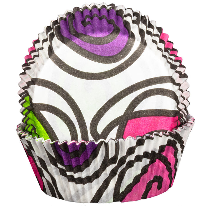 Colorful cupcake liners with swirl patterns on a white background