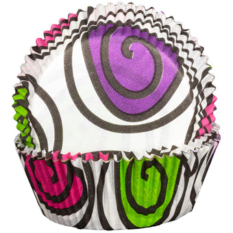 Colorful cupcake liner with black, green, pink, and white patterns on a white background