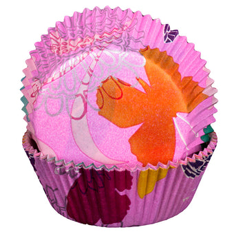 Colorful cupcake liner with a slower and butterfly design on a white background