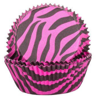 Zebra print cupcake liner with pink and black stripes on a white background