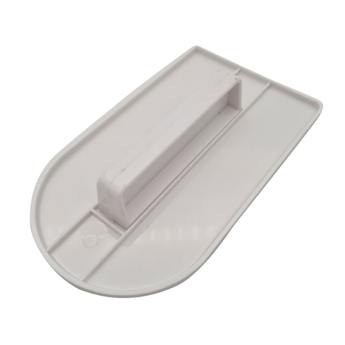 White plastic fondant smoother tool with a handle on a white background
