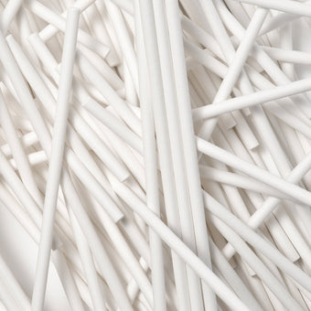 Custom paper lollipop sticks bespoke size options shown in bulk pack on a white background