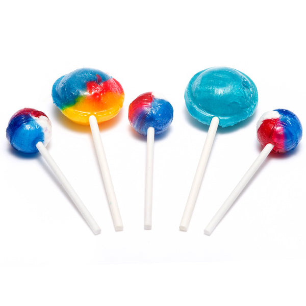 Custom paper lollipop sticks in various sizes on a white background