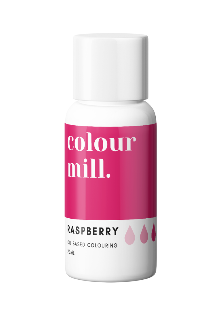 Bottle of Colour Mill raspberry food coloring on a white background