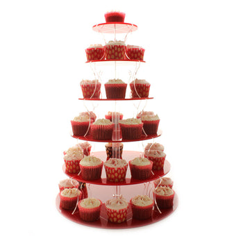 6 tier cupcake stand red with cupcakes on a white background