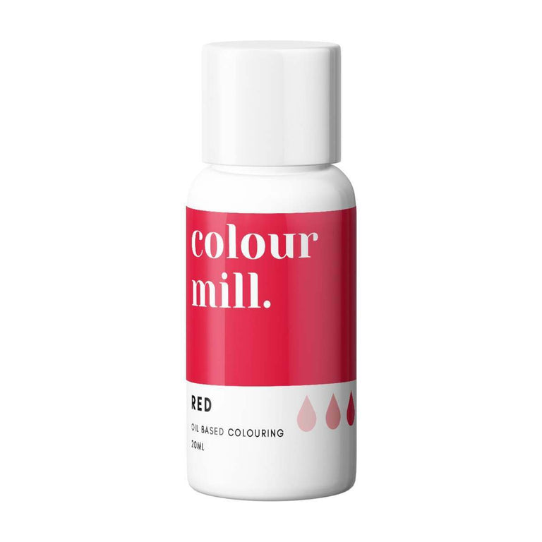 Bottle of Colour Mill red oil-based coloring on a white background