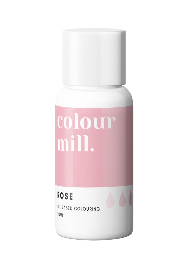 Bottle of Colour Mill rose food coloring on a white background