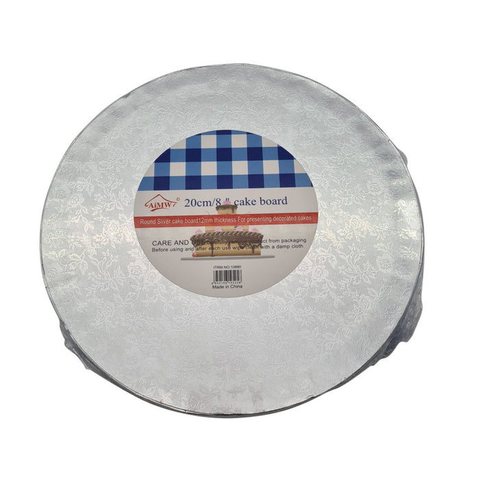 Round 8 inch cake board with a label on a white background