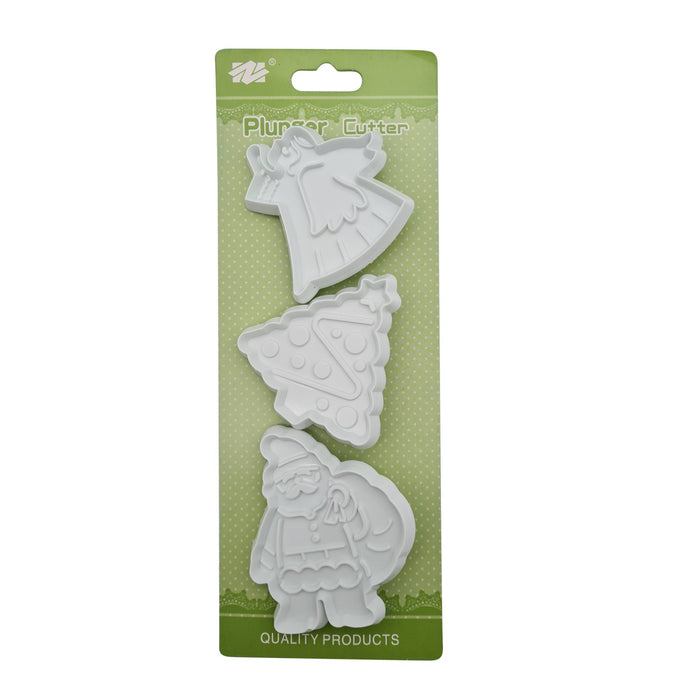 Set of fondant cutters shaped like a Angel, Tree, and Santa on a green packaging background.