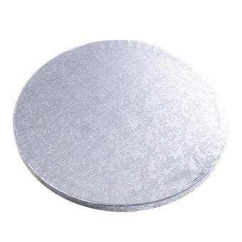 Round silver cake board on a white background