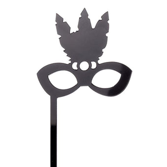 Black mask with feather design on a white background