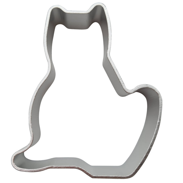 Stainless steel cookie cutter shaped like a Cat on a white background