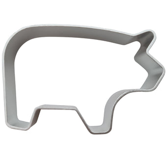 Stainless steel pig-shaped cookie cutter on a white background
