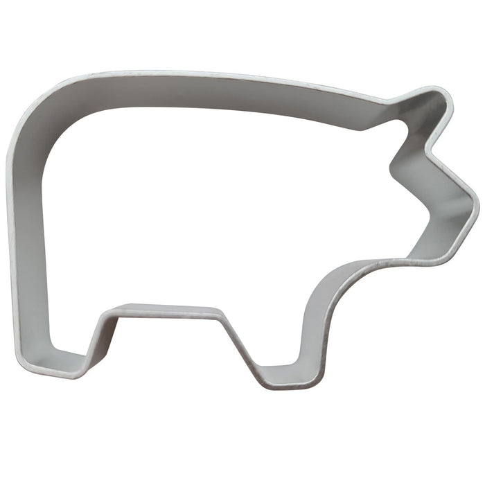 Stainless steel pig-shaped cookie cutter on a white background