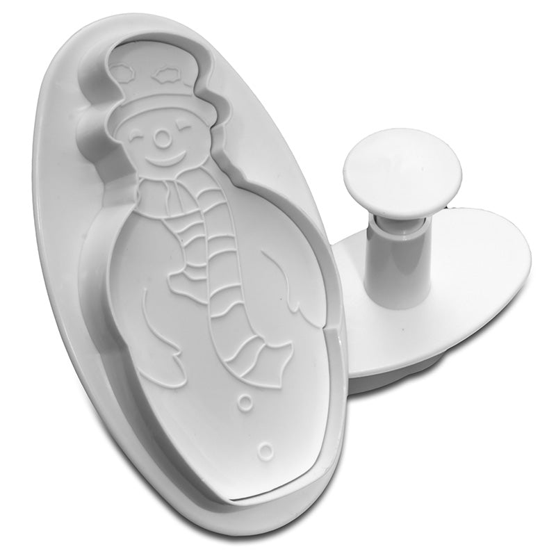 Fondant plunger cutter with a snowman design on a white background