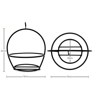 Black metal cupcake holder from ferris wheel stand with dimensions on a white background