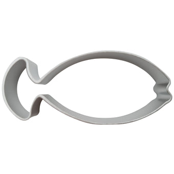 Stainless steel fish-shaped cookie cutter on a white background
