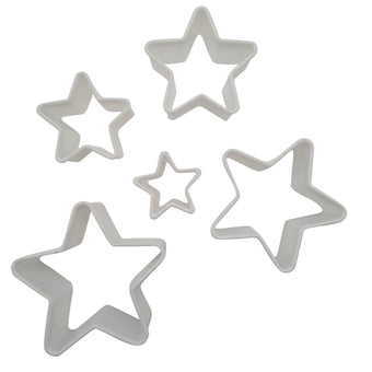 Star shaped plastic cookie cutters for baking and sugarcraft on a white background