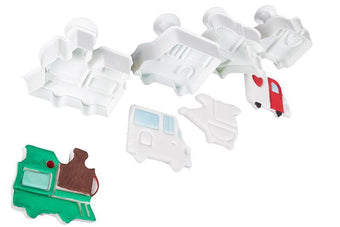 Set of white plastic transport fondant plunger cutters on a white background.