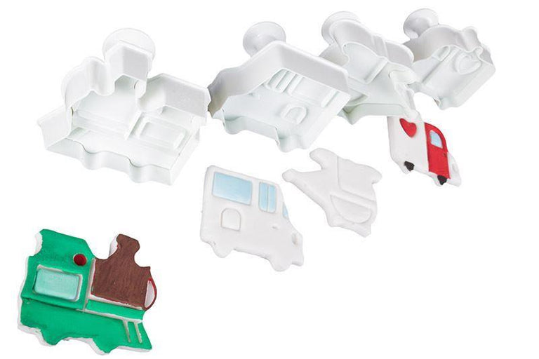 Set of white plastic transport fondant plunger cutters on a white background.