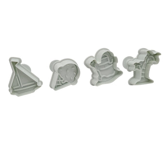 Set of plunger cutters including a palm tree, ice cream cone, sailboat and bucket and spade on a white background 
