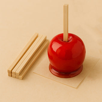 Red candy apple with a wooden stick on a beige background