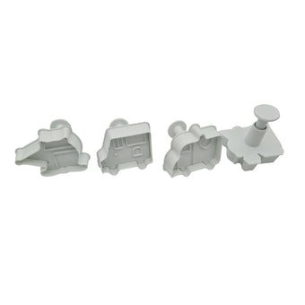 Set of white plastic transport fondant plunger cutters on a white background.