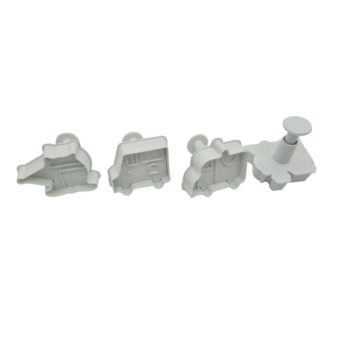 Set of white plastic transport fondant plunger cutters on a white background.