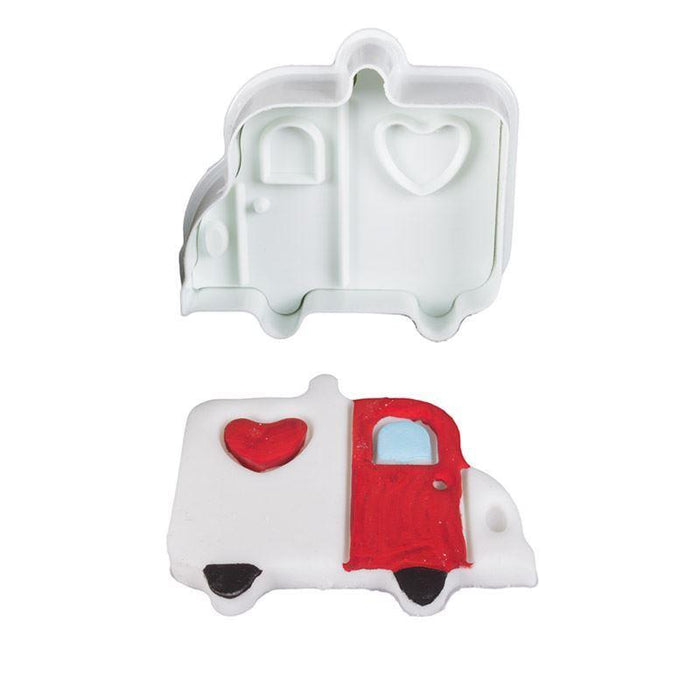 Ambulance fondant plunger cutter with red door and heart on a white background