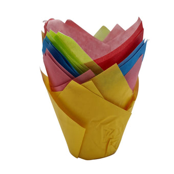 Colorful tulip muffin wraps on a white background