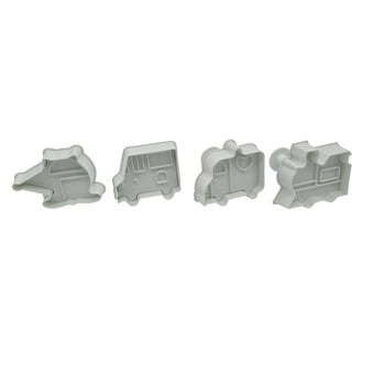 Set of white plastic transport fondant plunger cutters on a white background.