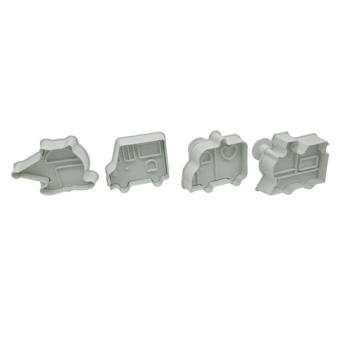 Set of white plastic transport fondant plunger cutters on a white background.
