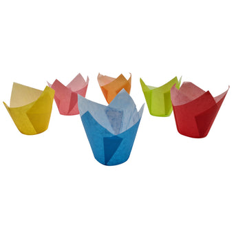 Set of colourful tulip-shaped muffin wraps on a white background