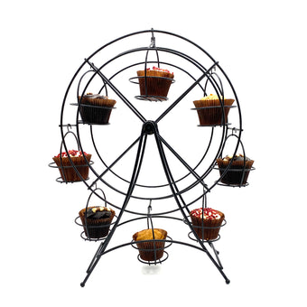 Ferris wheel-shaped cupcake stand with cupcakes on a white background