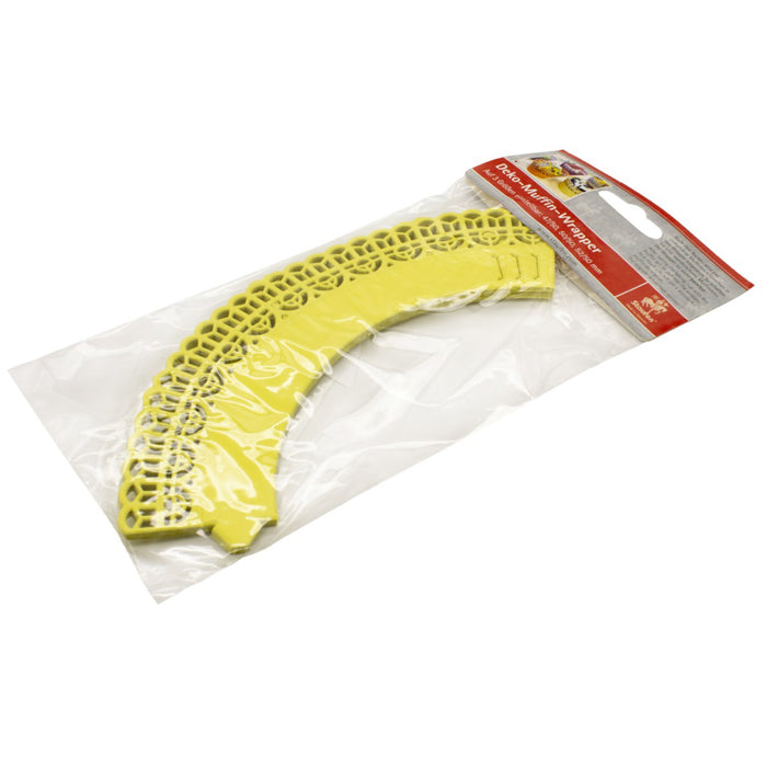 Yellow adjustable cupcake wrappers in packaging on a white background.