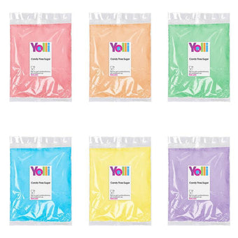 Six packages of Yolli candy-floss sugar in different colours on a white background.