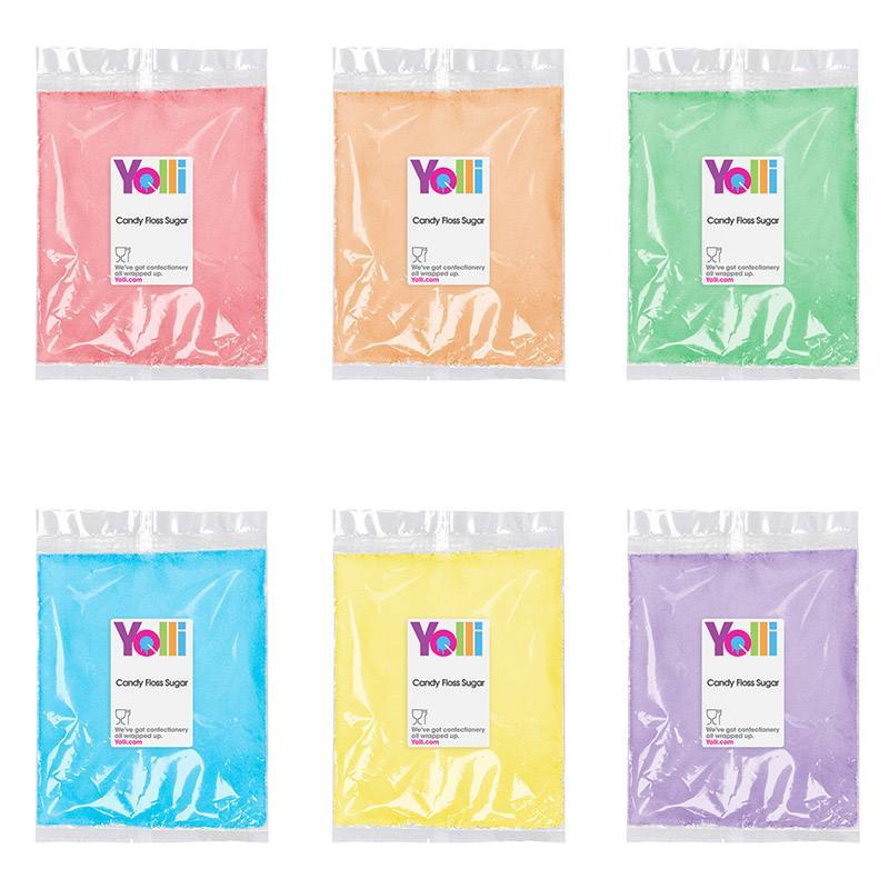 Six packages of Yolli candy-floss sugar in different colours on a white background.