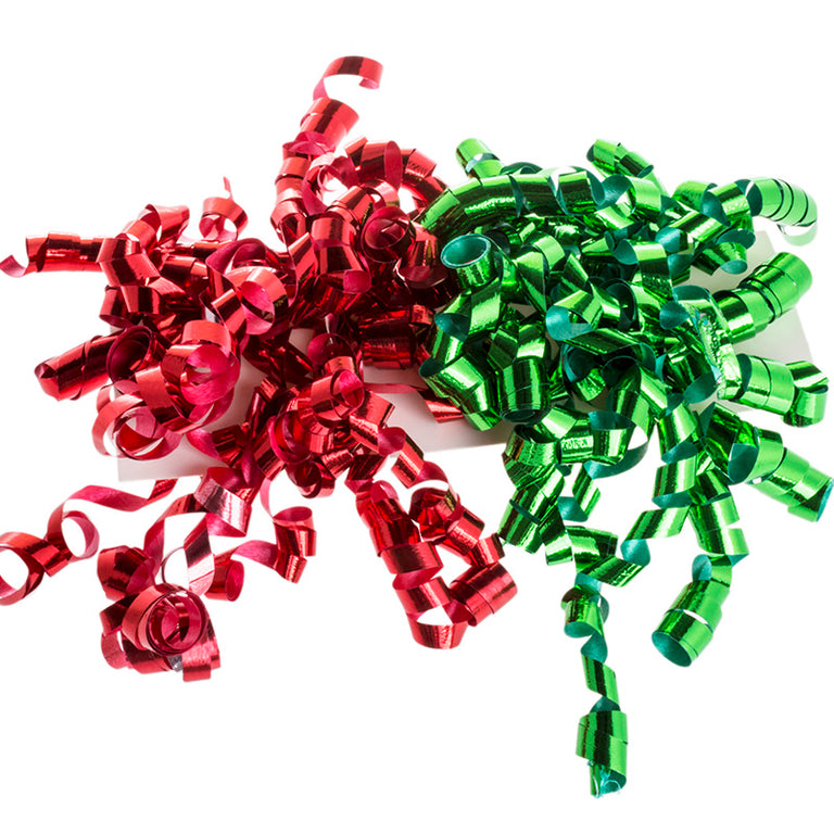 Red and green curly bows pack of 2 on a white background